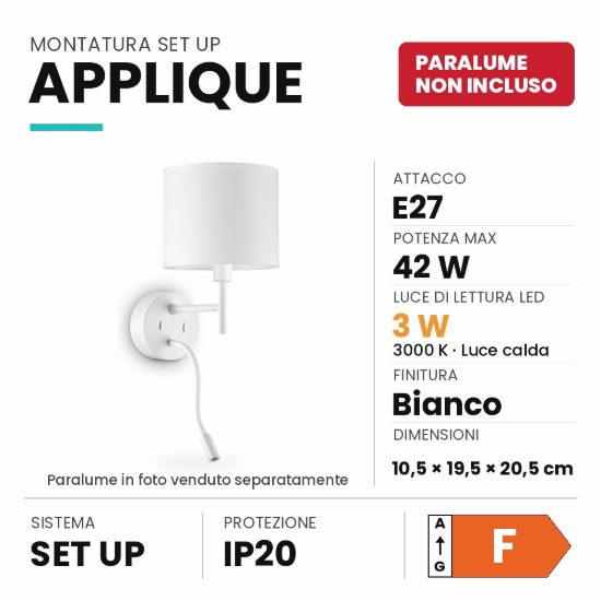 Ideal lux set up montatura per applique e27 con faretto led 3w 3000k 20,5cm bianca senza paralume