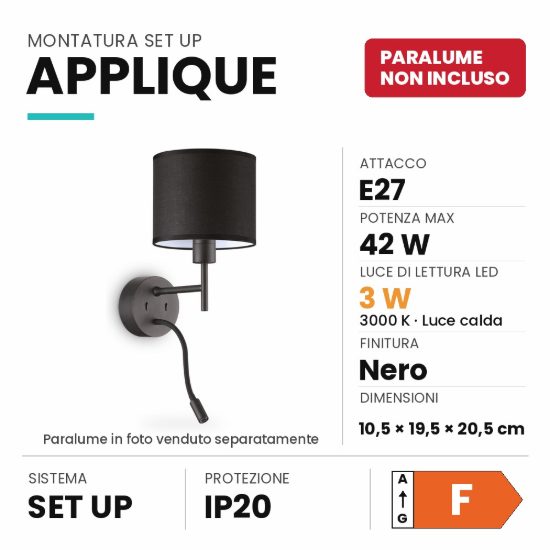 Ideal lux set up montatura per applique e27 con faretto led 3w 3000k 20,5cm nera senza paralume