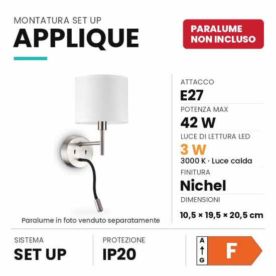 Ideal lux set up montatura per applique e27 con faretto led 3w 3000k 20,5cm nichel senza paralume