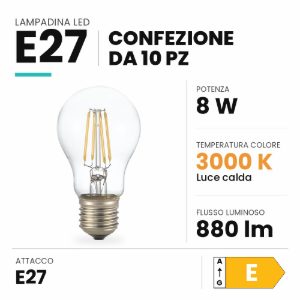 Lampadina e27 led 8w a goccia 3000k trasparente confezione 10 pezzi ideal lux
