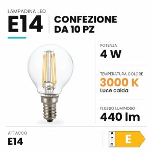 Ideal lux lampadina led e14 a sfera 4w 3000k trasparente confezione 10 pezzi