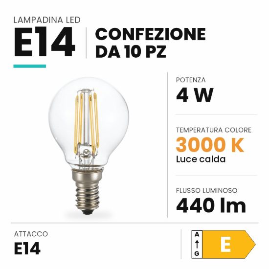 Ideal lux lampadina led e14 a sfera 4w 3000k trasparente confezione 10 pezzi