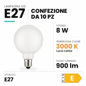Ideal lux lampadina led e27 a globo 9,5cm 8w 3000k dimmerabile satinata confezione 10 pezzi