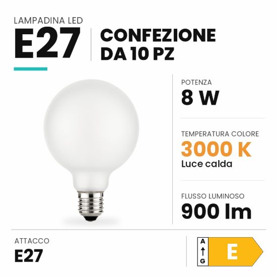 Ideal lux lampadina led e27 a globo 9,5cm 8w 3000k dimmerabile satinata confezione 10 pezzi