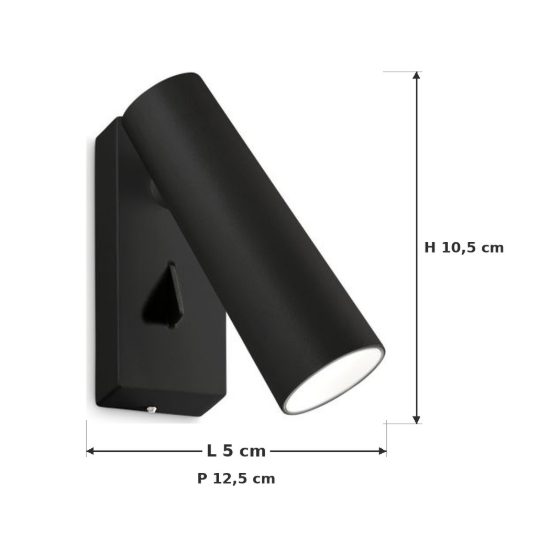 Ideal lux pipe applique con faretto orientabile led 7w 3000k per comodino moderna nera