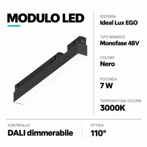 Ego faretto led samsung 7w 3000k nero ottica 110 dali binario ego 48v ideal lux