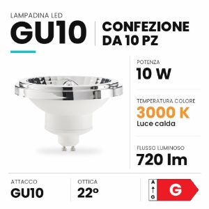 Ideal lux lampadina led gu10 riflettore 10w 3000k dimmerabile cromata confezione 10 pezzi