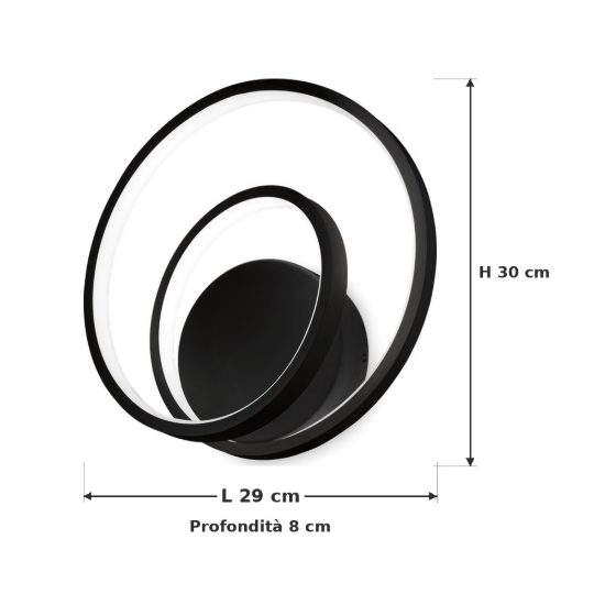 Ideal lux oz applique ad anelli led 26w 4000k 30cm per soggiorno moderna nera