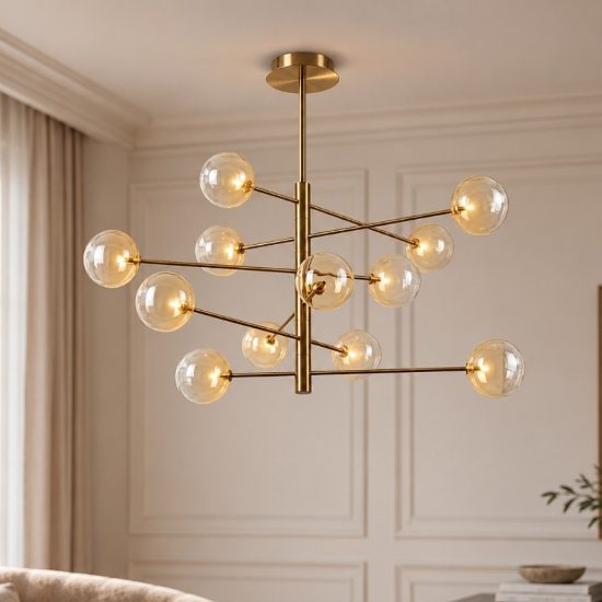 Ideal lux equinoxe lampadario a bracci con 12 sfere 128cm per camera da letto moderno ambra