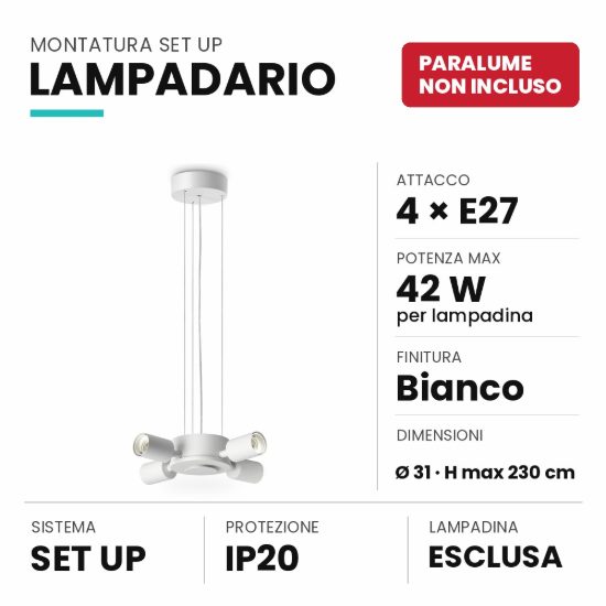 Ideal lux set up montatura per lampadario 4 luci e27 31cm bianca senza paralume