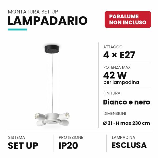 Ideal lux set up montatura per lampadario 4 luci e27 31cm bianca e nera senza paralume