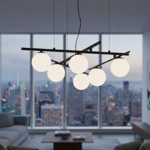 Ideal lux atlas sp6 lampadario per salotto nero sfere vetro bianco opalino