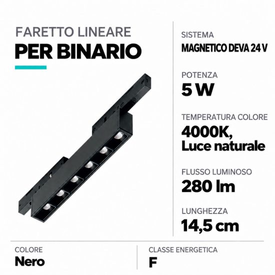Ideal lux deva accent faretto lineare per binario magnetico led 5w 4000k 14,5cm moderno nero