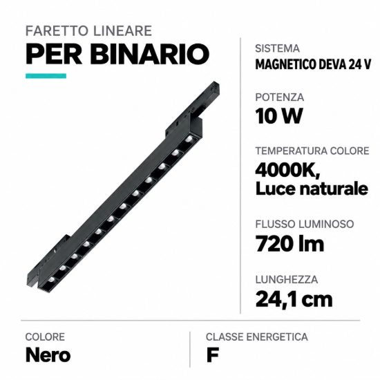 Ideal lux deva accent faretto lineare per binario magnetico led 10w 4000k 24,1cm moderno nero
