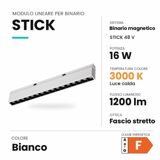Ideal lux stick modulo lineare a fascio stretto per binario magnetico 48v led 16w 3000k bianco