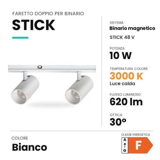 Ideal lux stick faretto doppio per binario magnetico 48v orientabile led 10w 3000k bianco