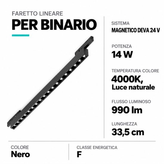 Ideal lux deva accent faretto lineare per binario magnetico led 14w 4000k 33,5cm moderno nero