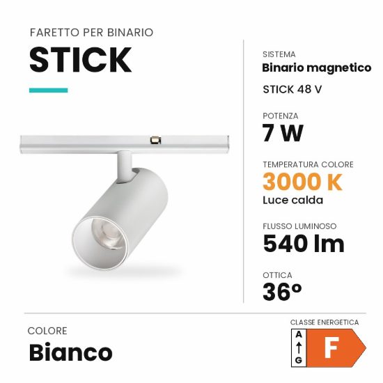 Ideal lux stick faretto per binario magnetico 48v orientabile led 7w 3000k bianco