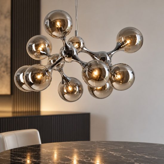 Ideal lux nodi lampadario con 9 luci e14 80cm per sala da pranzo moderno cromo con sfere in vetro
