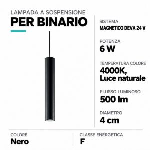 Ideal lux deva pendant tube lampada a sospensione per binario magnetico led 6w 4000k 4cm nera