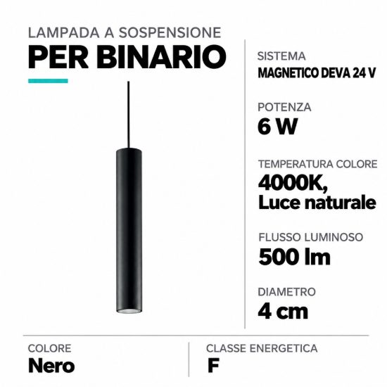 Ideal lux deva pendant tube lampada a sospensione per binario magnetico led 6w 4000k 4cm nera