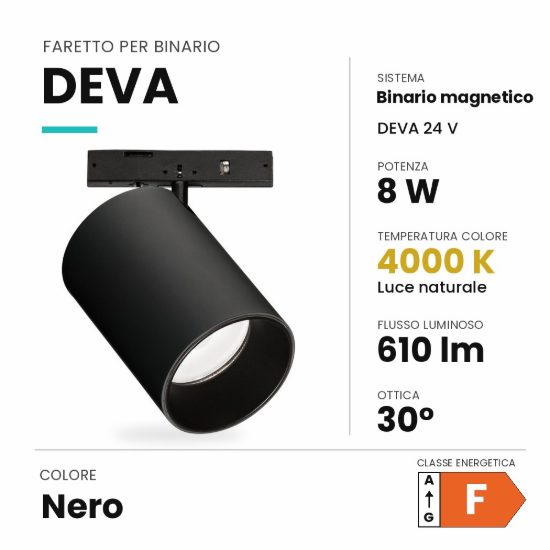 Ideal lux deva faretto per binario magnetico 24v orientabile led 8w 4000k nero