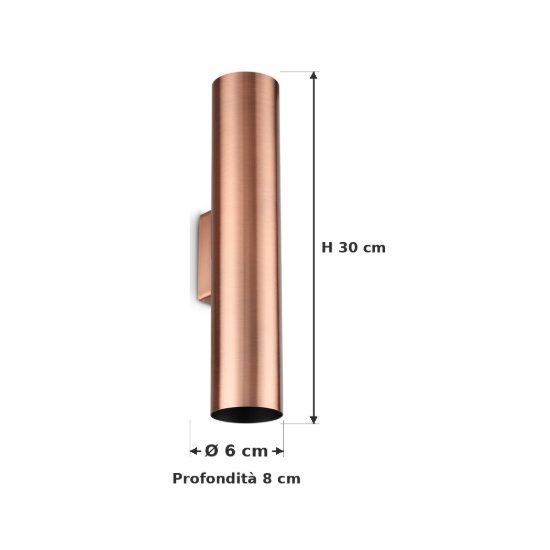 Ideal lux look applique cilindrica 2 luci gu10 30cm per soggiorno contemporanea rame