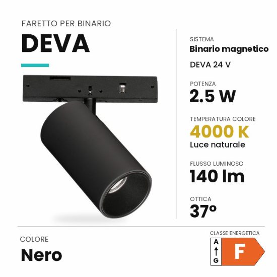 Ideal lux deva faretto per binario magnetico 24v orientabile led 2,5w 4000k nero