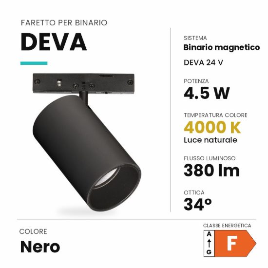 Ideal lux deva faretto per binario magnetico 24v orientabile led 4,5w 4000k nero