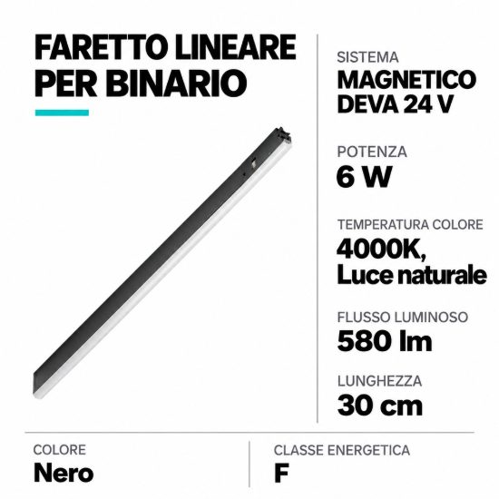 Ideal lux deva wide inner faretto lineare per binario magnetico led 6w 4000k 30cm luce diffusa nero