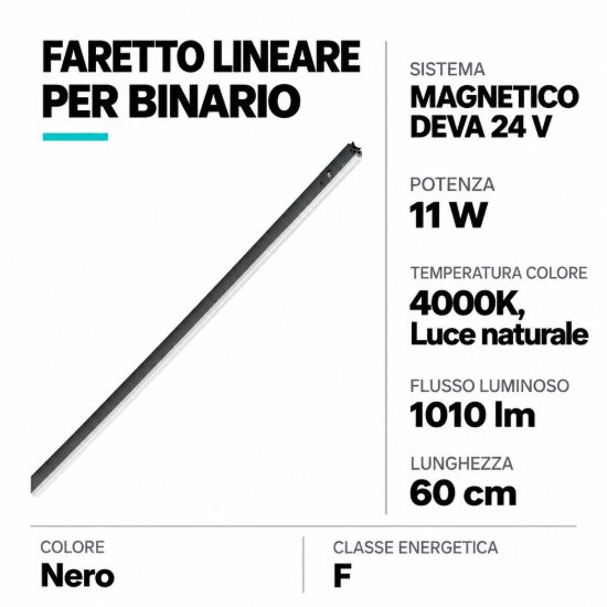 Ideal lux deva wide inner faretto lineare per binario magnetico led 11w 4000k 60cm luce diffusa nero