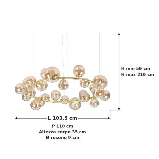 Ideal lux perlage lampadario ad anello 25 luci per sala da pranzo sfere in vetro ambra