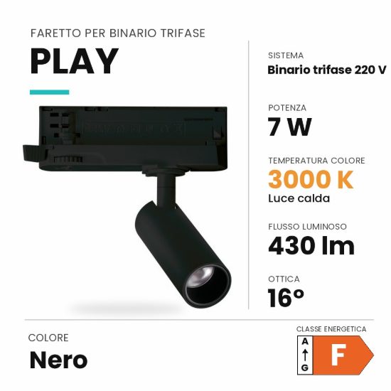Ideal lux play faretto per binario trifase orientabile led 7w 3000k cilindrico moderno nero