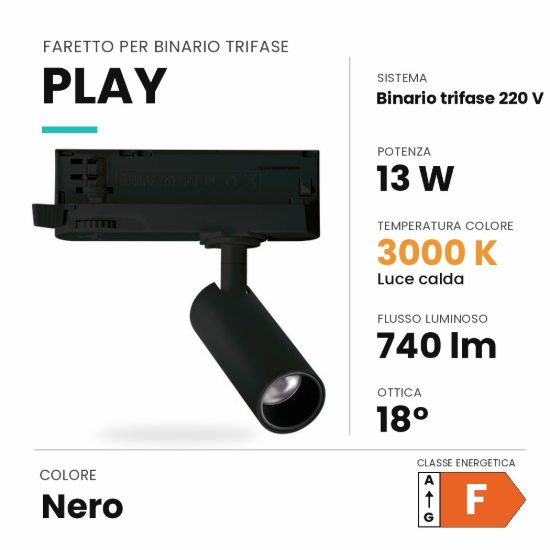 Ideal lux play faretto per binario trifase orientabile led 13w 3000k cilindrico moderno nero