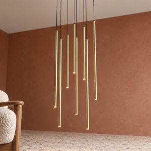 Ideal lux look lampadario con 8 pendenti led 16w 3000k 45cm per soggiorno contemporaneo ottone