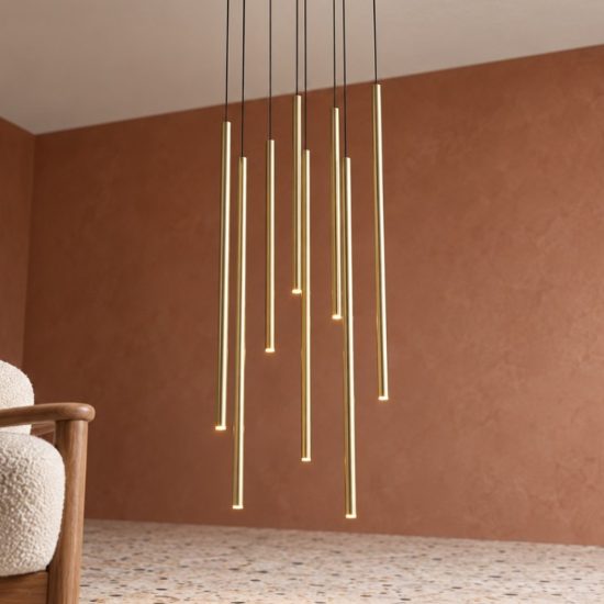 Ideal lux look lampadario con 8 pendenti led 16w 3000k 45cm per soggiorno contemporaneo ottone