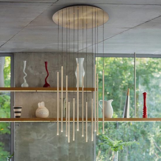 Ideal lux look lampadario con 8 pendenti led 16w 3000k 45cm per soggiorno contemporaneo ottone