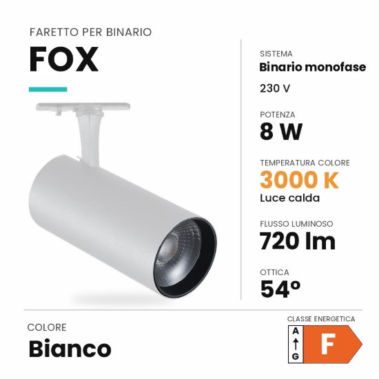Ideal lux fox faretto per binario monofase orientabile led 8w 3000k cilindrico bianco