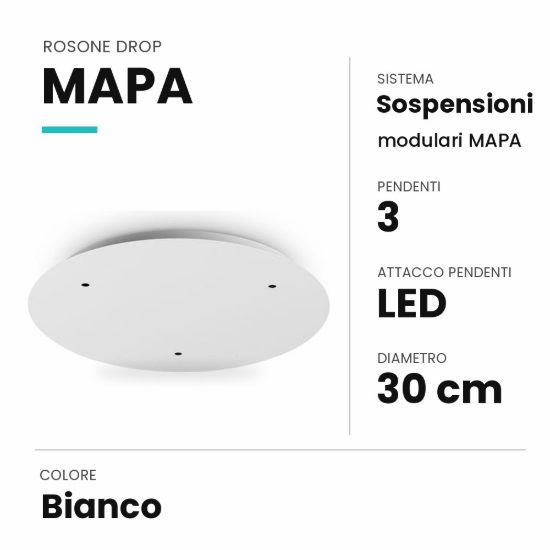 Ideal lux mapa rosone drop per 3 pendenti led 30cm bianco