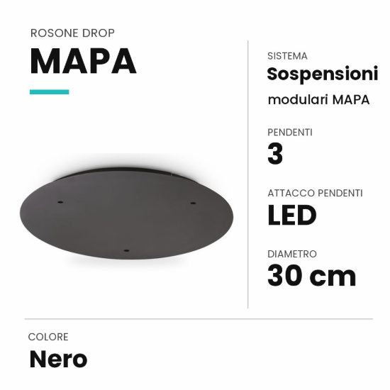 Ideal lux mapa rosone drop per 3 pendenti led 30cm nero