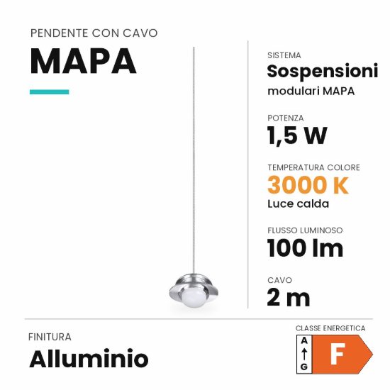 Ideal lux mapa pendente led 1,5w 3000k piccolo cavo 2m per sospensioni modulari alluminio