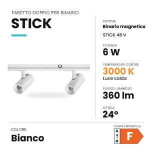 Ideal lux stick faretto doppio per binario magnetico 48v orientabile led 6w 3000k bianco