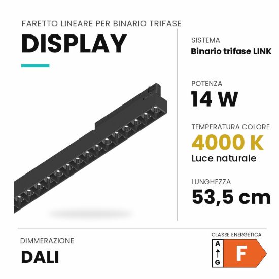 Ideal lux display lineare per binario trifase led 14w 4000k 53,5cm fascio stretto dali nero