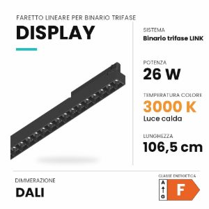 Ideal lux display lineare per binario trifase led 26w 3000k 106,5cm fascio stretto dali nero