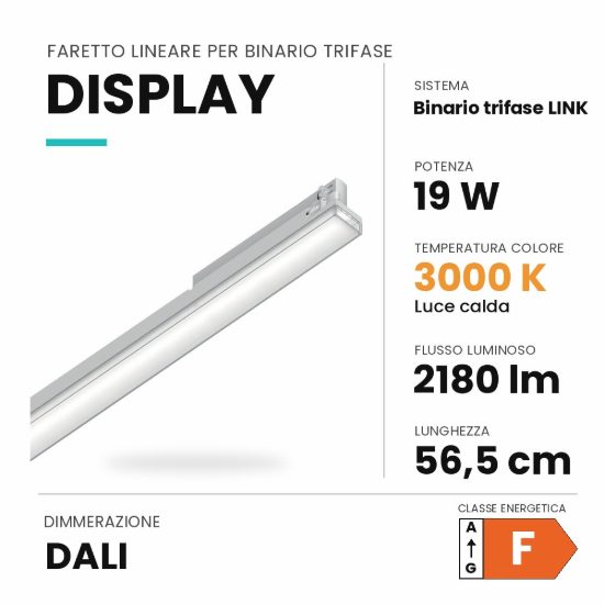 Ideal lux display lineare per binario trifase led 19w 3000k 56,5cm fascio largo dali bianco