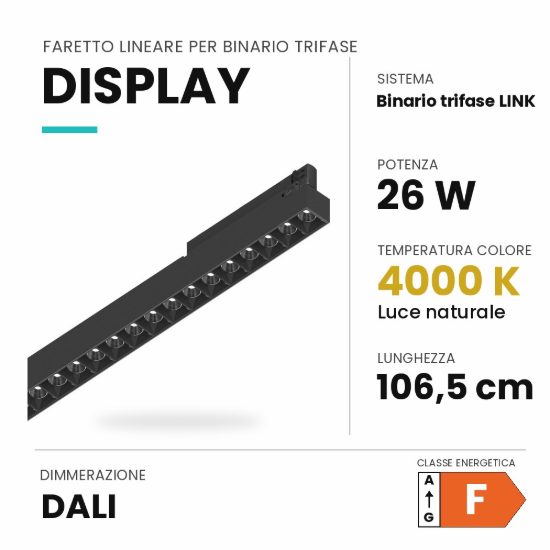 Ideal lux display lineare per binario trifase led 26w 4000k 106,5cm fascio stretto dali nero