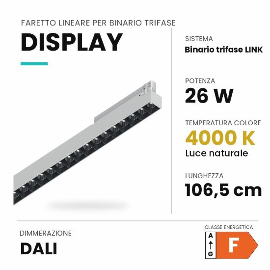 Ideal lux display lineare per binario trifase led 26w 4000k 106,5cm fascio stretto dali bianco