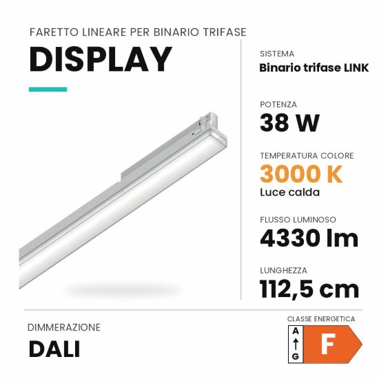 Ideal lux display lineare per binario trifase led 38w 3000k 112,5cm fascio largo dali bianco