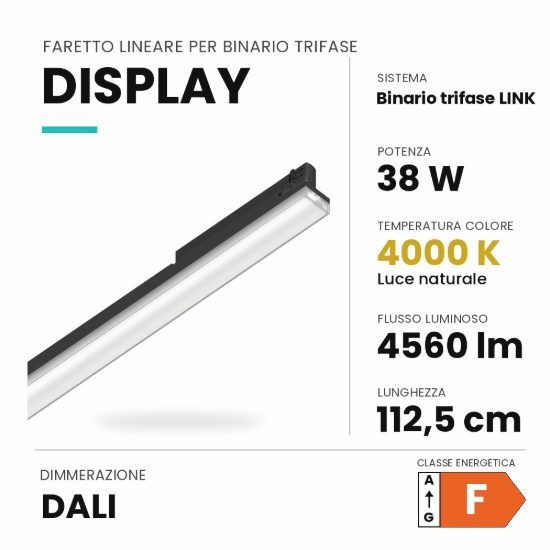 Ideal lux display lineare per binario trifase led 38w 4000k 112,5cm fascio largo dali nero