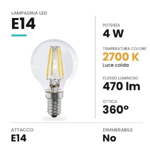 Lampadina led e14 a sfera a filamento 4w 2700k trasparente